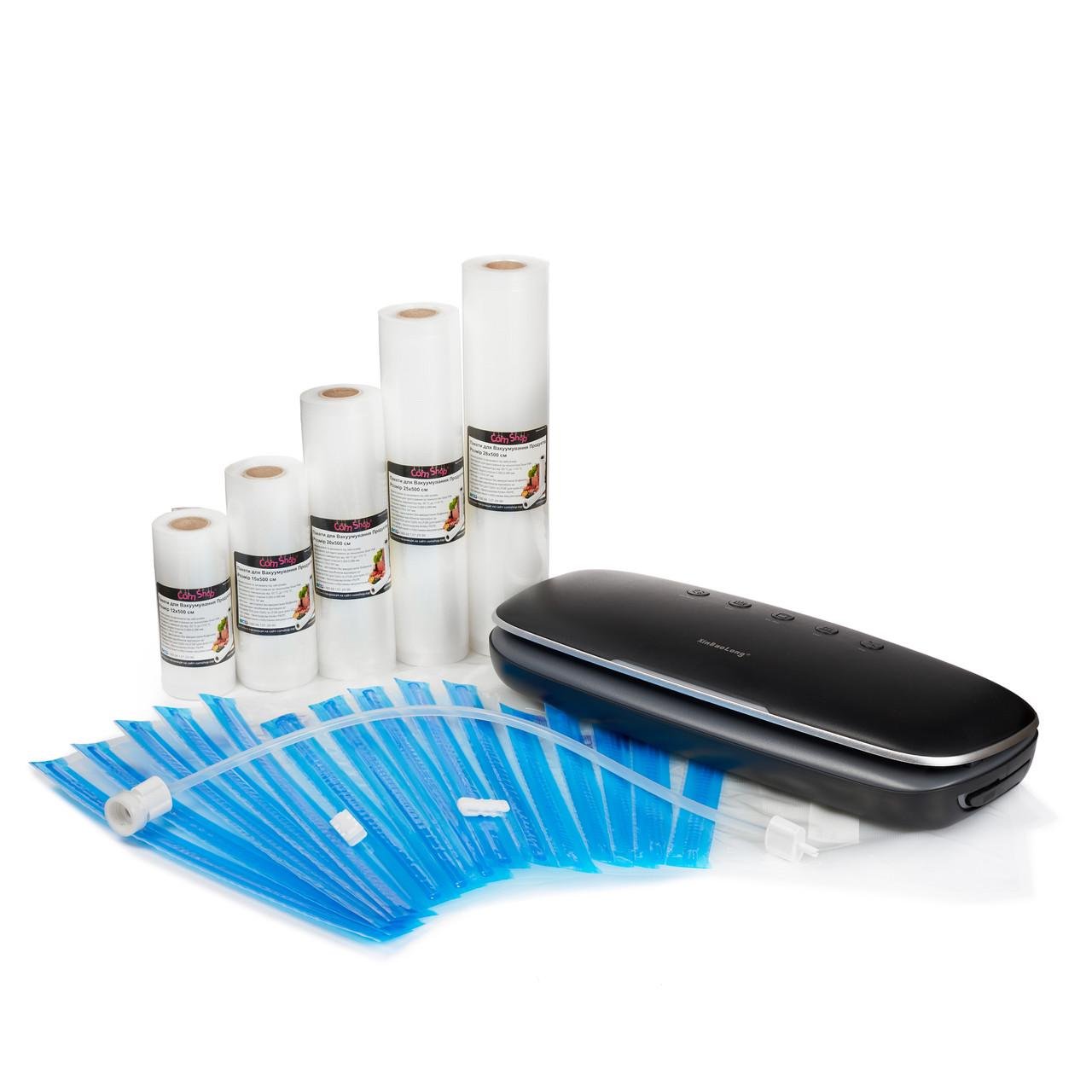 Набор для вакуумирования Comshop вакууматор сухой и влажный режимы/5 рулонов пакетов/15 вакуумных зип-пакетов Черный