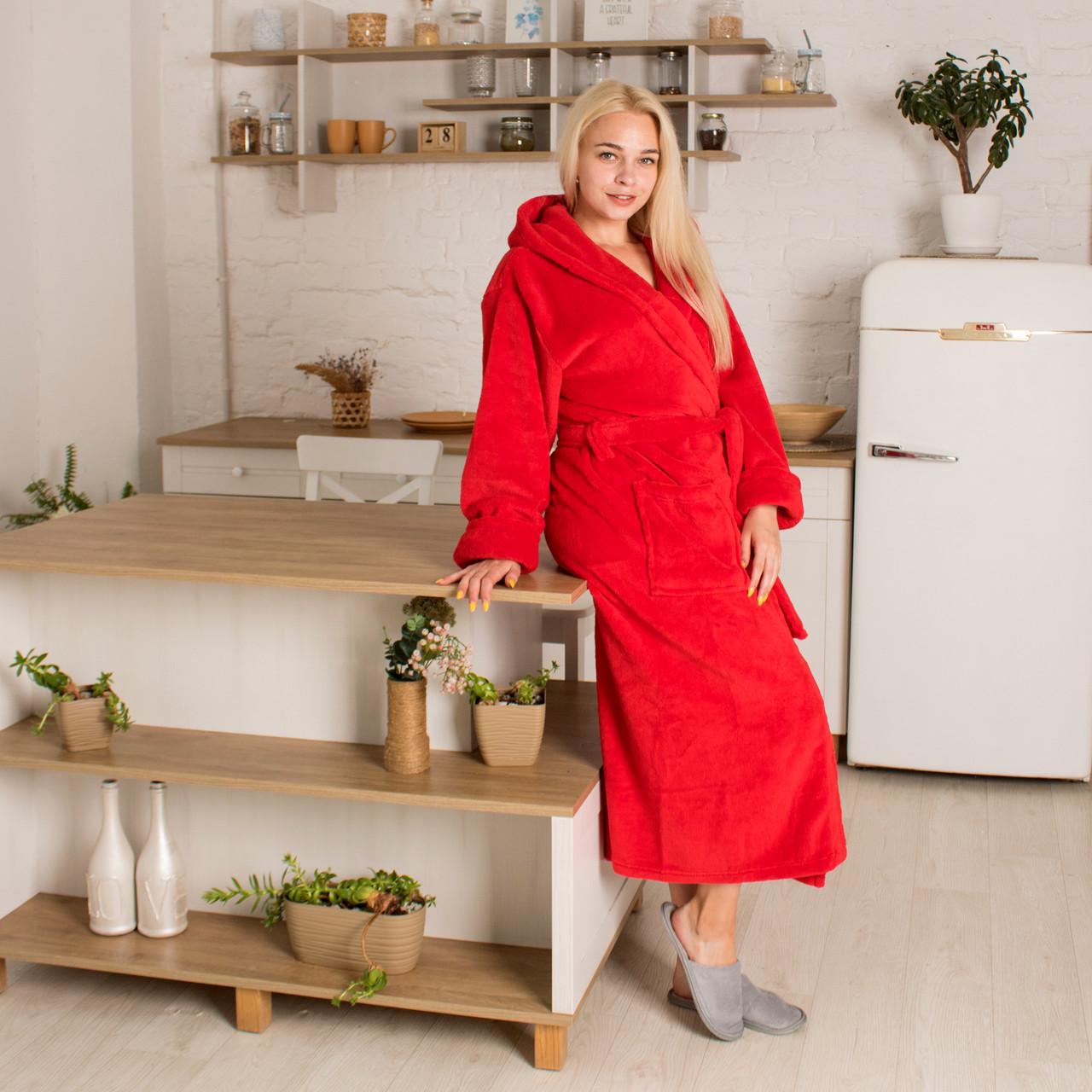 Халат женский махровый на запах с капюшоном 2XL Красный - фото 2 Халат женский махровый на запах с капюшоном 2XL Красный - фото 2