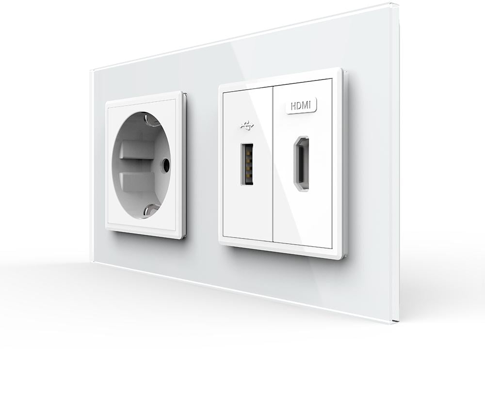 Розетка настінна LIVOLO з USB 10Вт інтернет портом RJ-45/HDMI дизайнерська скляна рамка Білий (VL-C7FCTC16A/FCUA/FCHD-4WP)