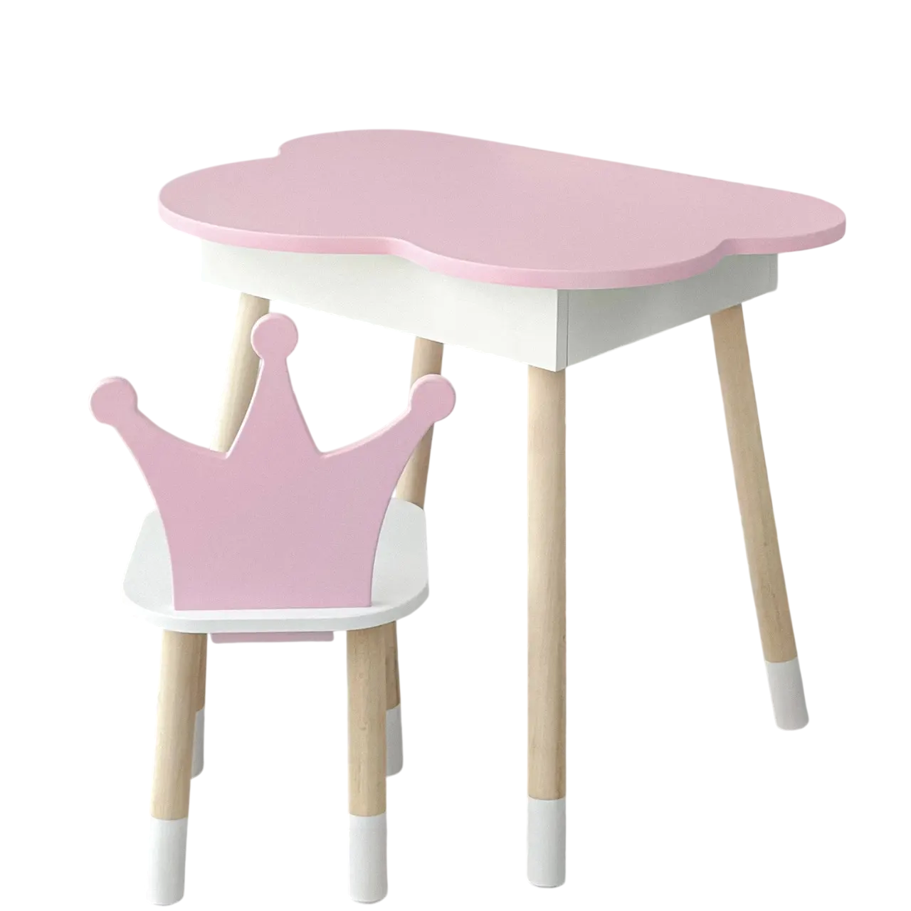 Набор мебели детский столик облачко с нишей для хранения и стульчиком корона деревянная 54х68х50 см Бело-розовый (150-7-81410)