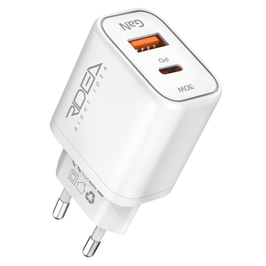 Зарядний пристрій Ridea RW-GaN30BPAC Boost Pro GaN 30 Вт PD/QC/PPS 1хUSB-C/1хUSB-A EU вилка 110-240V White (37914185)