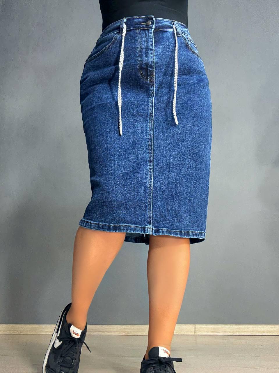 Юбка женская джинсовая Vanver 8237 резинка шнурок с разрезом вареная миди р. 32 Синий (4779)
