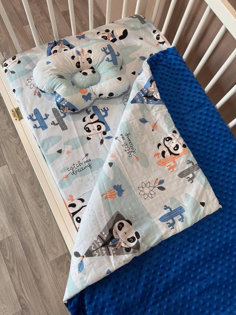 Комплект постельного белья Манюня Панда из бязи для кроватки 78x98 см Синий (П4К-am-manin-011)