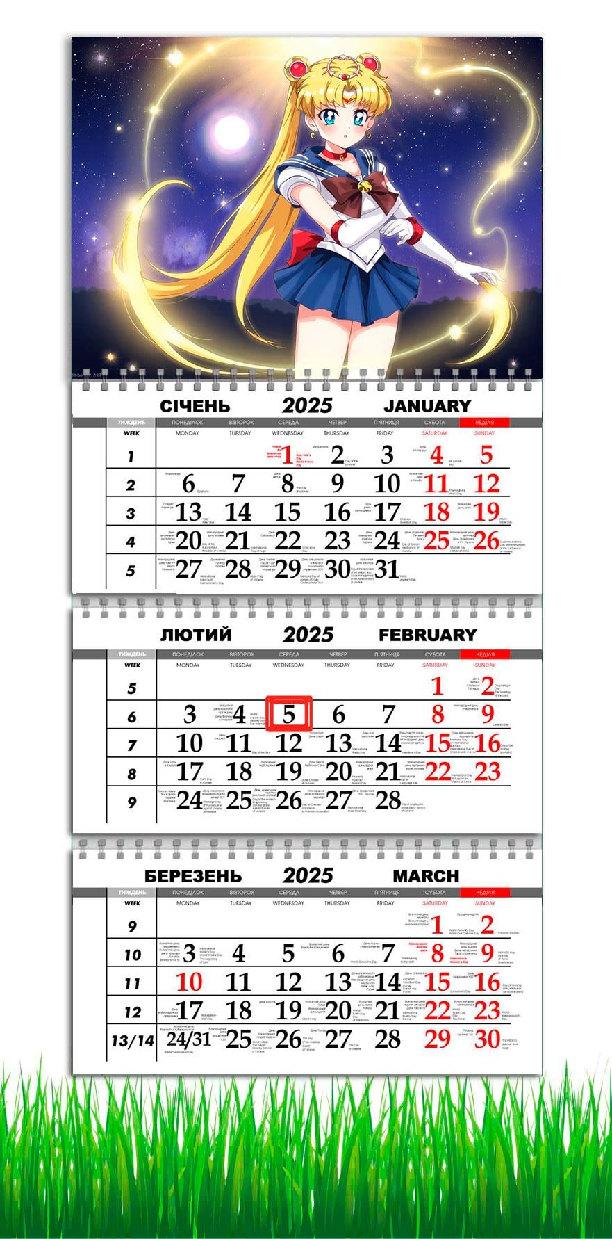 Календарь настенный квартальный на 2025 год APRIORI Сейлормун на 3 пружины 30х61 см (UA3044)