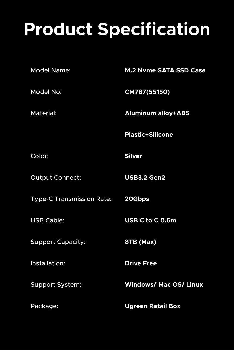 Кишеня зовнішня Ugreen 20 гбіт/с USB Срібний (55150) - фото 10