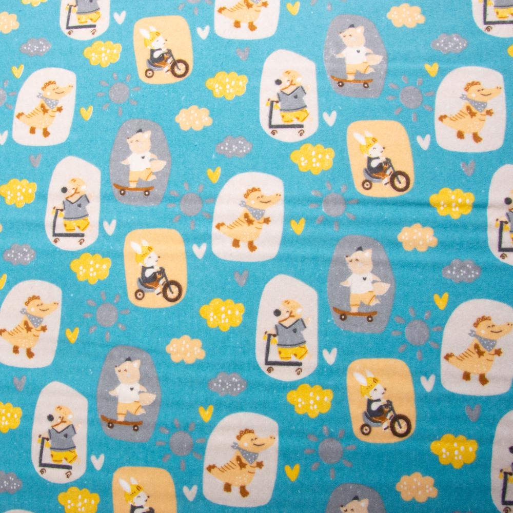 Ткань фланель хлопок Зверята 155 гр/м2 детский принт 240 см Голубой (26944)