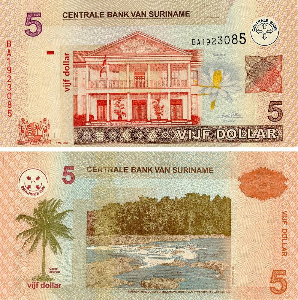 Коллекционная банкнота Суринам 5 долларов 2009 UNC (P157c)