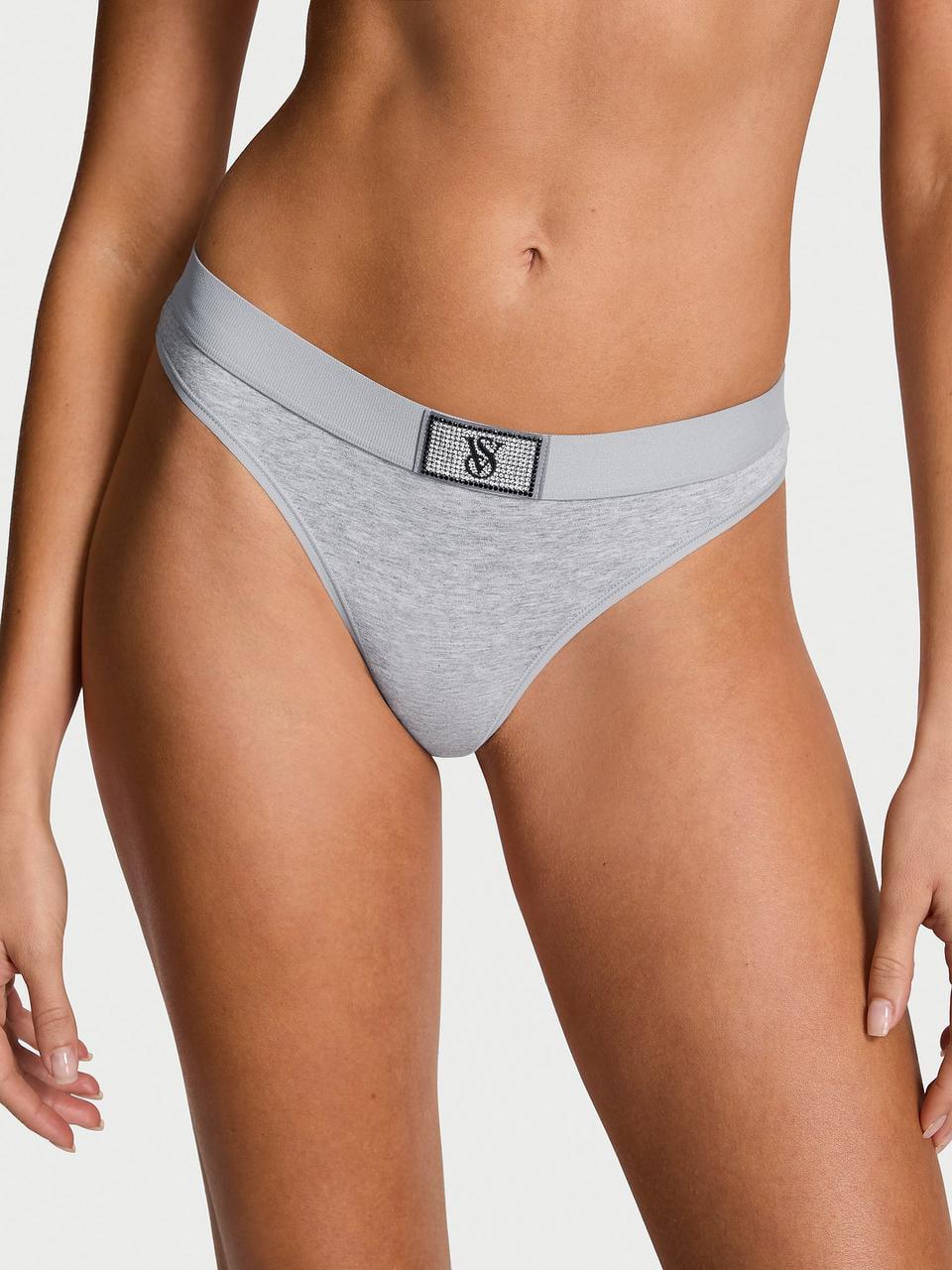 Трусики женские Victoria's Secret Logo Cotton Shine Patch Thong XXL Серый (2855597588166)