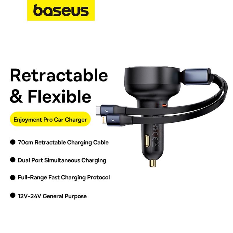 Зарядное устройство автомобильное BASEUS Enjoyment Pro Car Charger C+Retractable C&iP Cable 60W Cluster Black (C00057802111-00) - фото 12 Зарядное устройство автомобильное BASEUS Enjoyment Pro Car Charger C+Retractable C&iP Cable 60W Cluster Black (C00057802111-00) - фото 12