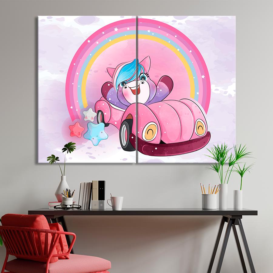 Картина в детскую комнату Милый единорог на розовой машине 165x122 см (A1376-2)