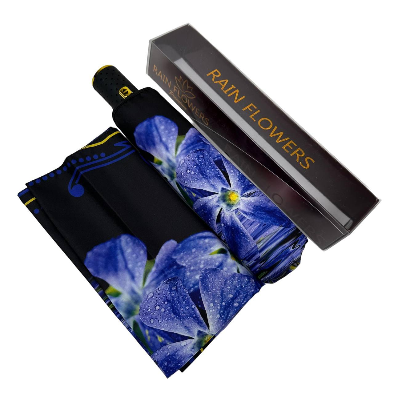 Зонт женский автомат Rain Flower в подарочной упаковке с платком Черный с синими цветами (01020-3) - фото 4