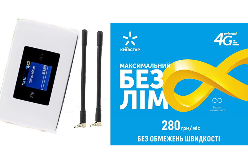 Модем 4G USB WI-FI 3G/4GLTE ZTE MF920/2 антени та Безлімітний стартовий пакет Київстар інтернет