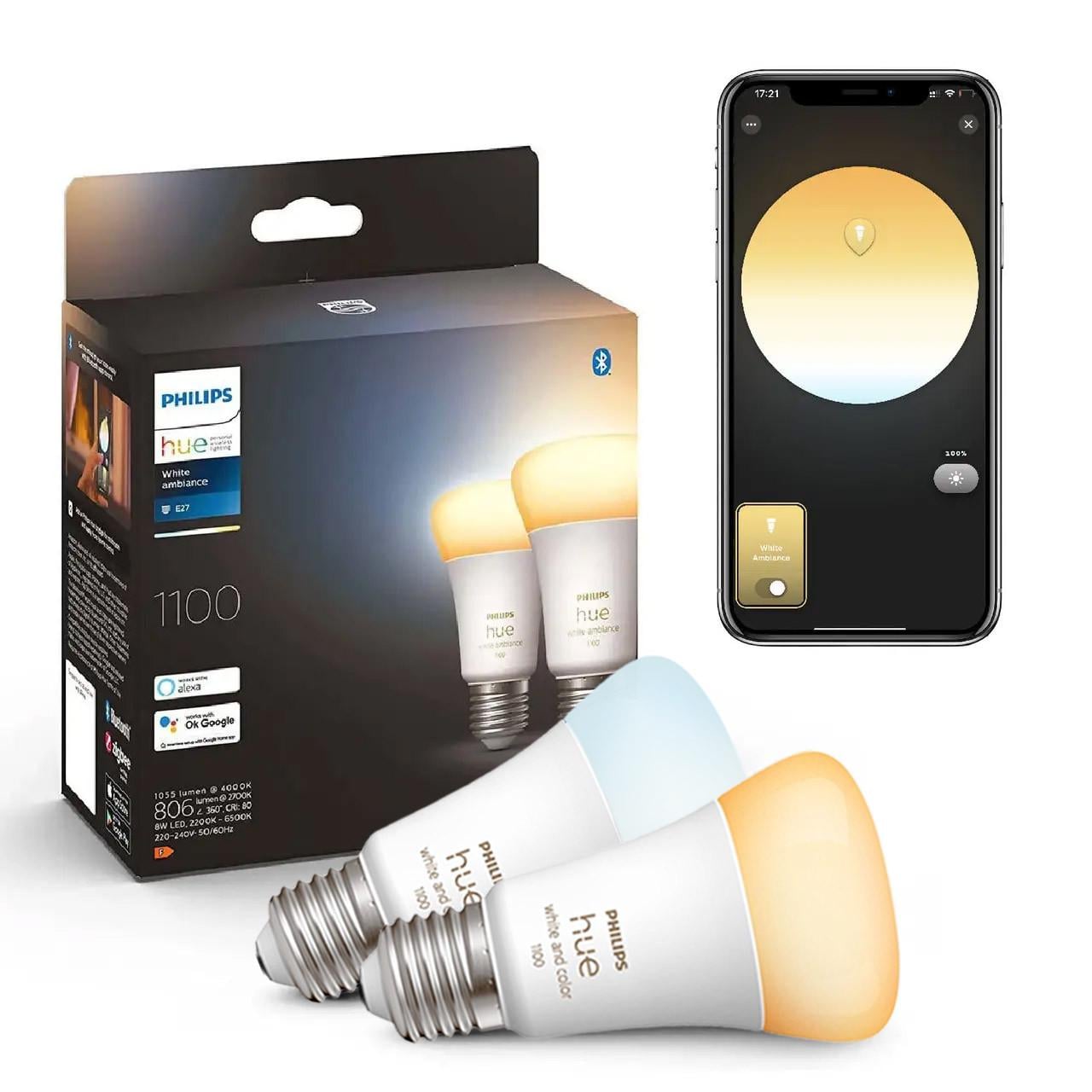Умные LED лампочки Philips Hue E27 White Ambiance 1100лм 75Вт 8W, ZigBee, Bluetooth, Apple HomeKit, 2шт.