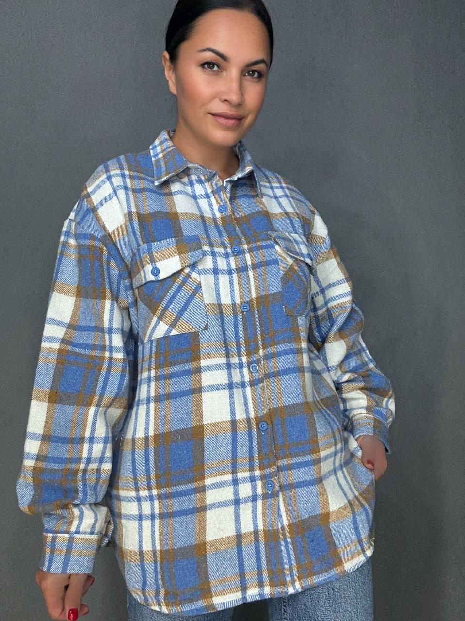 Сорочка жіноча YZY 223 картата оверсайз тепла байка OS Блакитний (5400) - фото 1 Сорочка жіноча YZY 223 картата оверсайз тепла байка OS Блакитний (5400) - фото 1