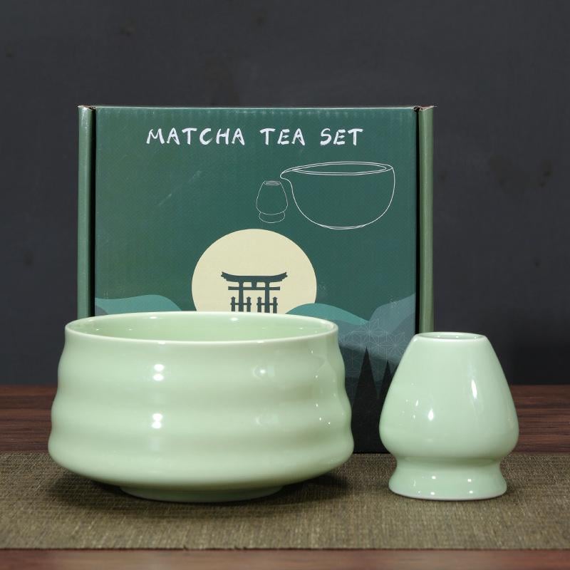 Комплект чаша Чаван/Тяван керамическая для чая матча с подставкой Кусенаоши венчика часен в подарочной коробке Мятный (KC151M)