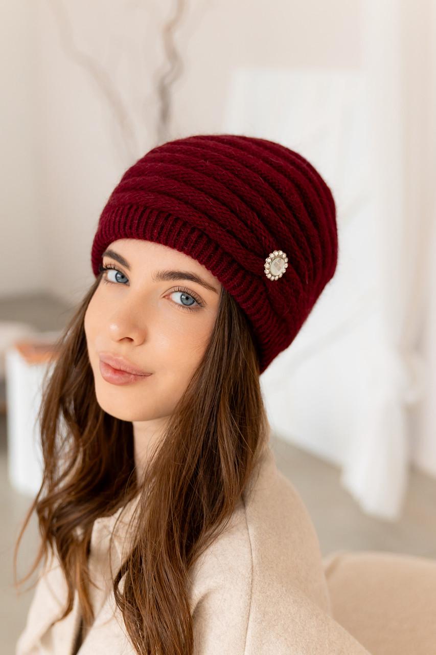 Шапка зимняя женская Валенсия из ангоры с брошью двойная Бордовый (2767719276)