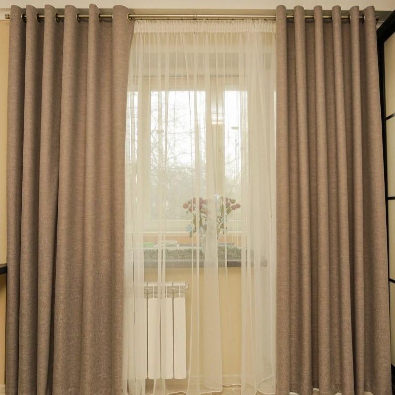 Шторы готовые однотонные мешковина льняные с тюлем на люверсах Кофейный