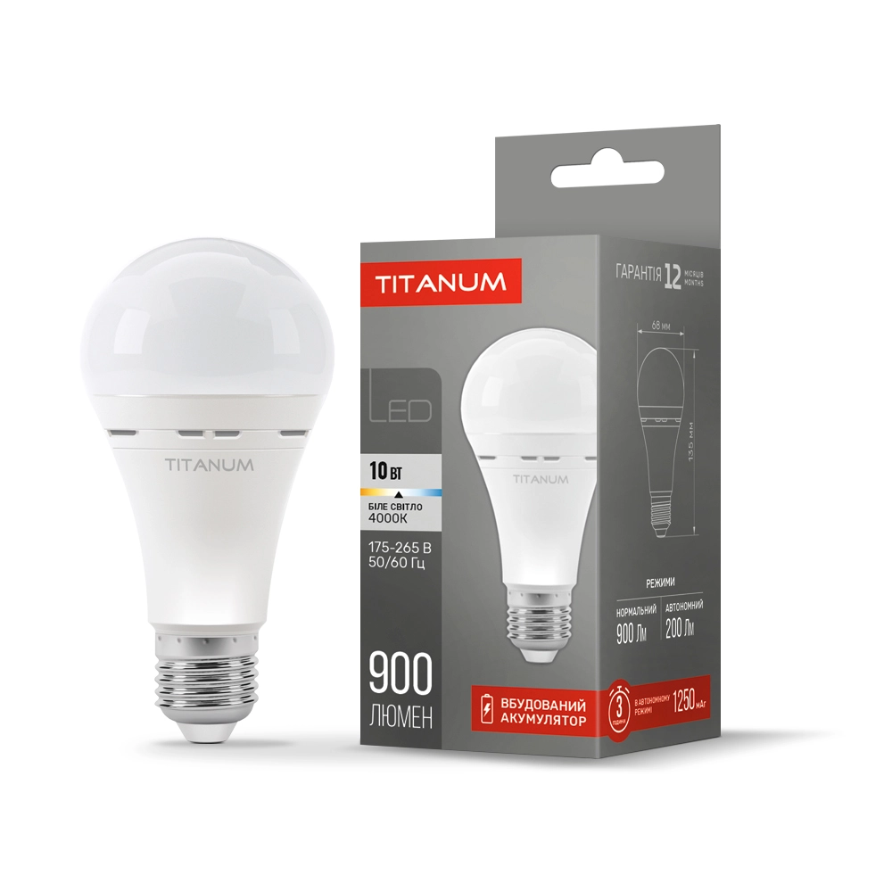 LED-лампа аккумуляторная TITANUM A68 10W E27 4000K 220V (TL-EMA68-10274)