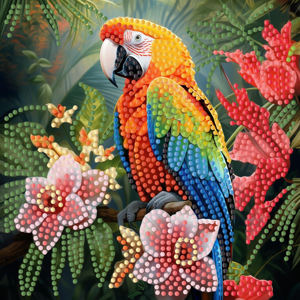 Алмазная мозаика Strateg Попугай в джунглях на бумажной основе 18х18 см (ZAV1818-5)