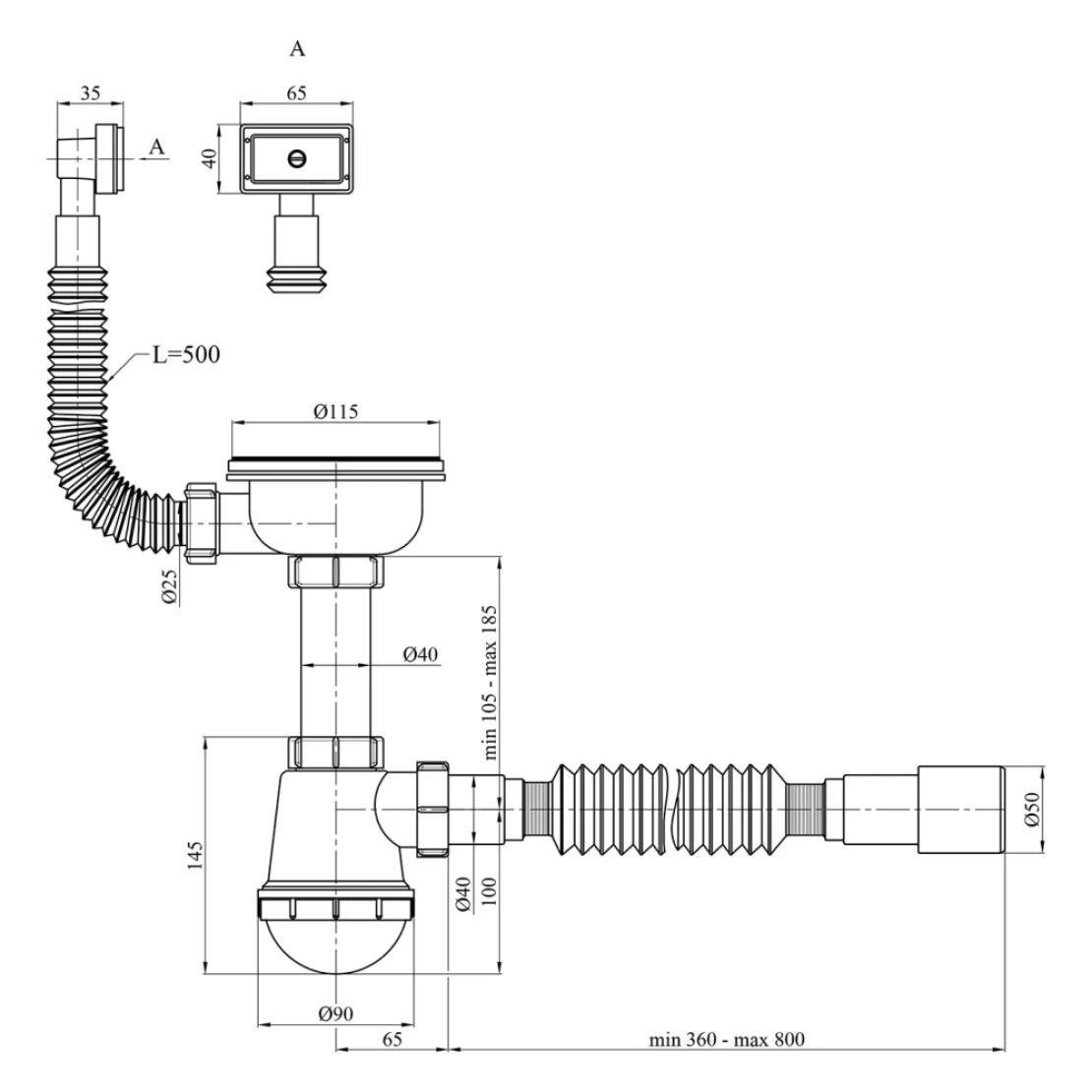 Сифон для мойки Agua KS02 с отводом для стиральной машины 3-1/2" 40/50 мм (CV033462) - фото 2