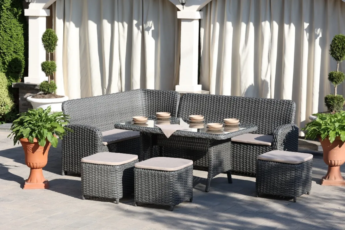 Комплект садових меблів Ельза на металевому каркасі зі штучного ротанга стіл/диван/3 пуфи Сірий (CNT00008583)