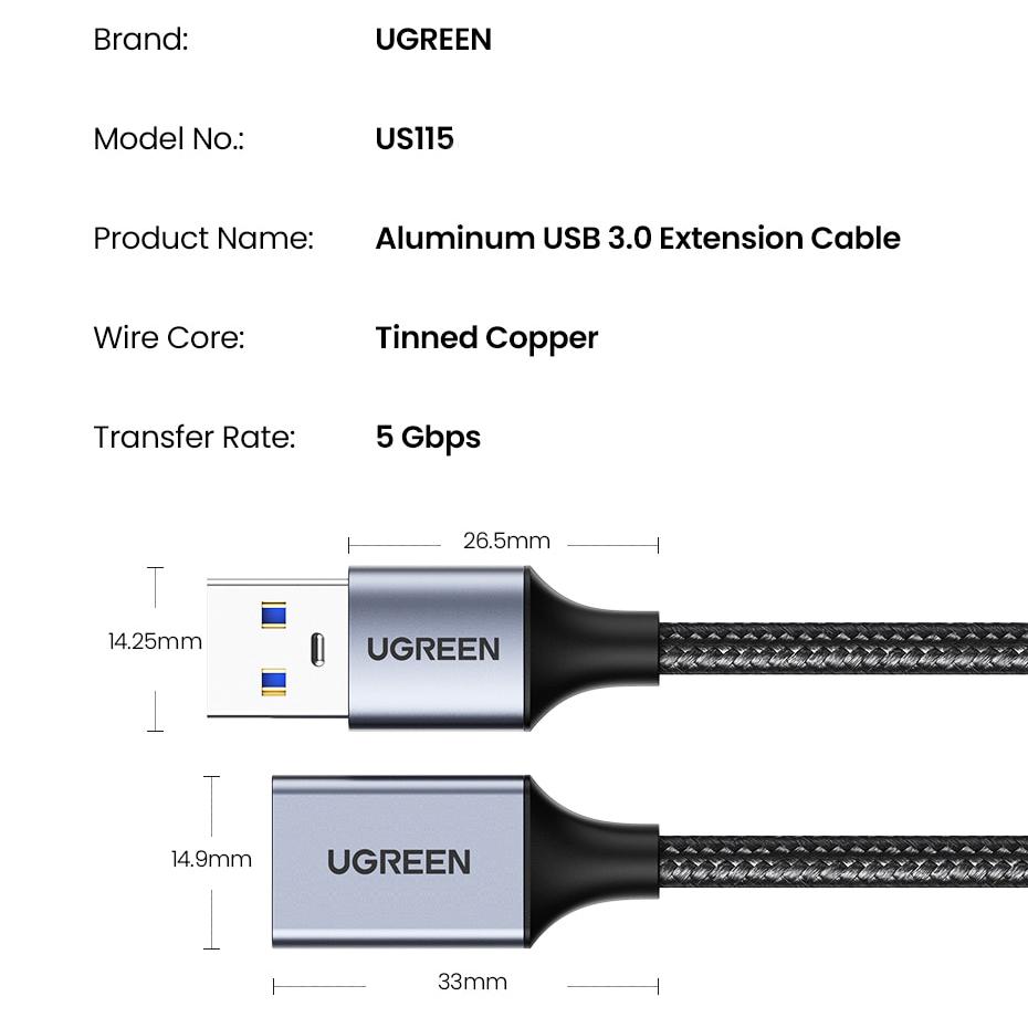 Кабель подовжувач USB 3.0 UGREEN US115 AM-AF Male To Female Extension Cable Aluminum Case 1 м Black (10495) - фото 9