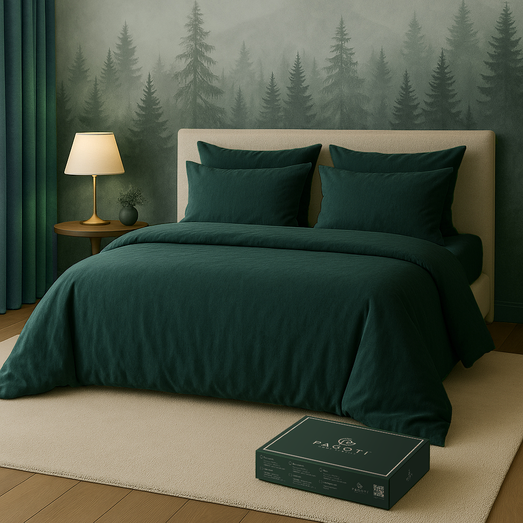 Комплект постільної білизни PAGOTI Natura варена бавовна king size / 2х50х70 см Смарагдовий