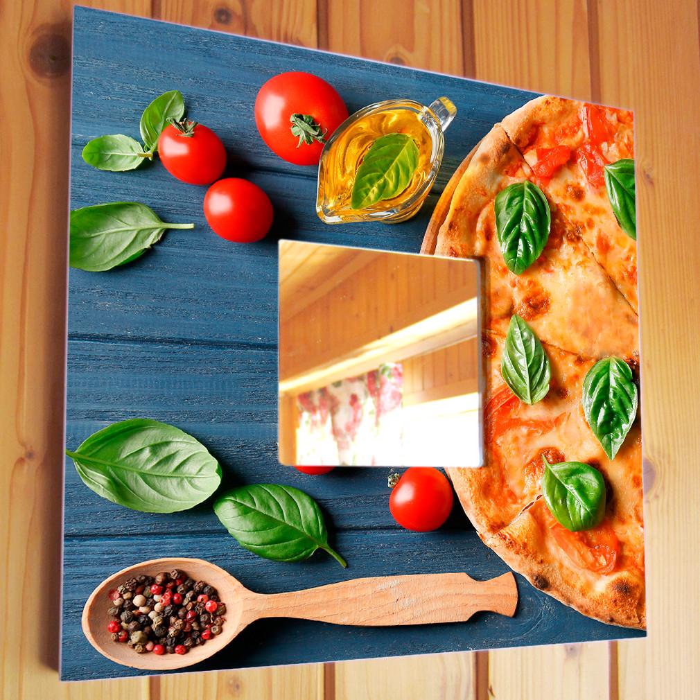 Зеркало декоративное Пицца на деревянном фоне 260х260 мм (M03888)