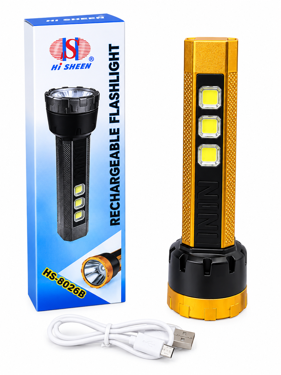 Фонарь ручной аккумуляторный HiSheen HS-8026B 4 режима LED-освещение и боковая COB-подсветка Золотой (3190880164)