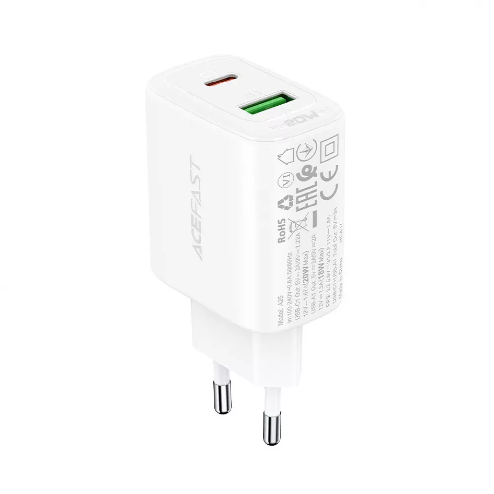 Зарядное устройство для Acefast A25 PD 20W Type-C+USB Белый (546162) Зарядное устройство для Acefast A25 PD 20W Type-C+USB Белый (546162)