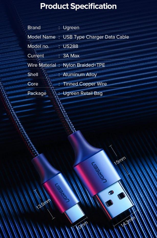 Кабель зарядный Ugreen Type-C 3 A с алюминиевым корпусом и нейлоновой оплёткой 1,5 м (US288) - фото 9