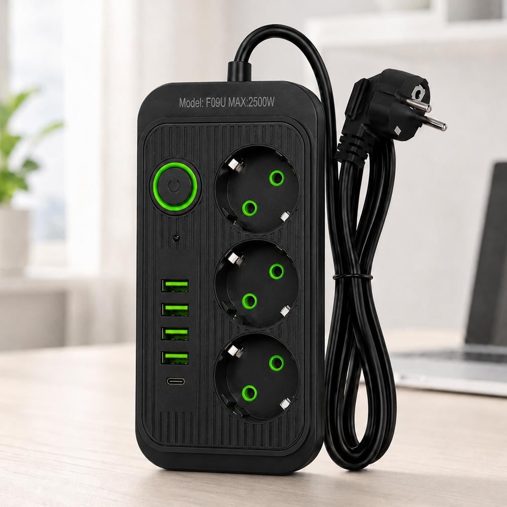 Мережевий фільтр на 3 розетки 3 м 4хUSB та 1 Type-C із захистом від перевантаження Чорний Мережевий фільтр на 3 розетки 3 м 4хUSB та 1 Type-C із захистом від перевантаження Чорний