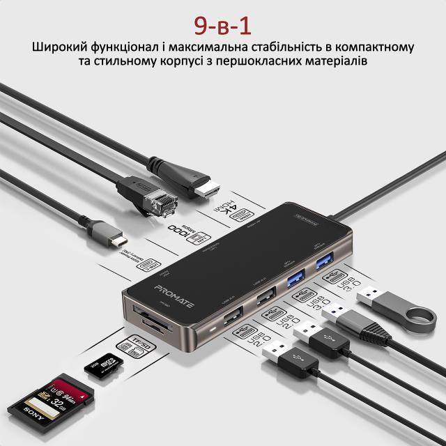 USB-C хаб 9в1 Promate PrimeHub-Go USB-C PD/HDMI/2xUSB 3.0/2xUSB 2.0/RJ45/SD/MicroSD Grey - фото 2