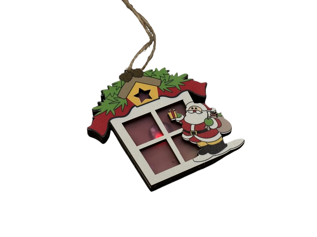 Іграшка ялинкова новорічна Будиночок з Санта Клаусом з підсвічуванням з фанери 95х95х10 мм Різнокольоровий (NR-126)