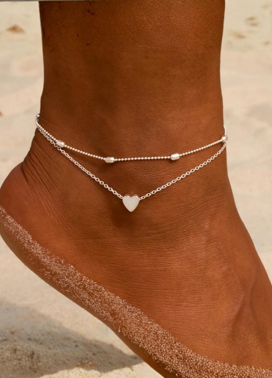 Браслет женский на ногу двойной с подвеской сердце Fashion Jewelry 22312 Серебристый