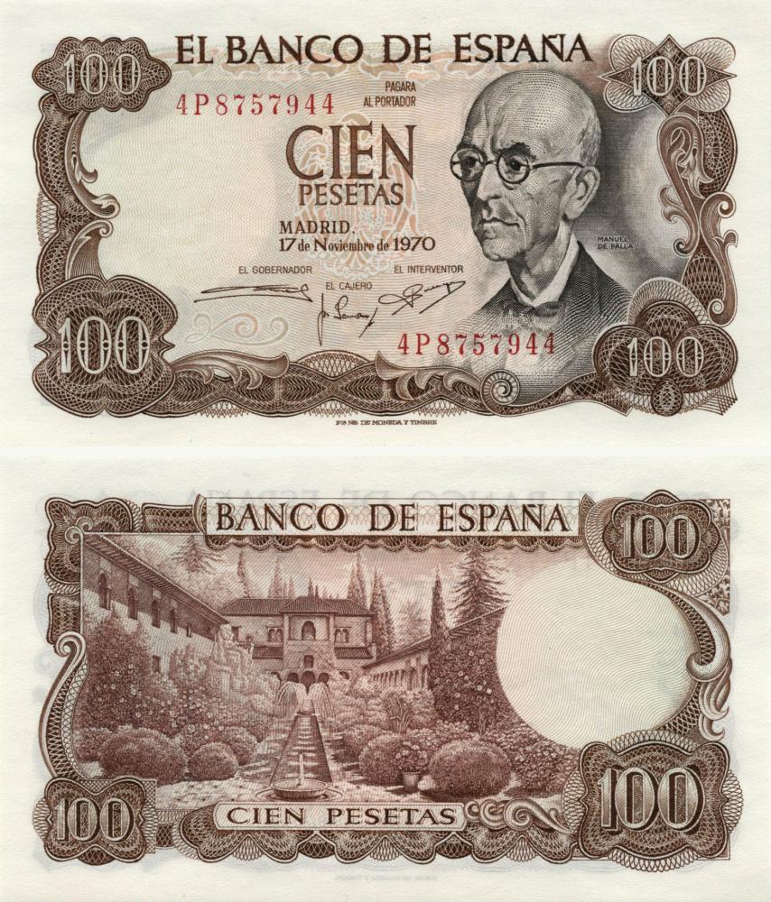 Коллекционная банкнота Ирландия Испания 100 песет 1970 AU-UNC P152 (Б10454)