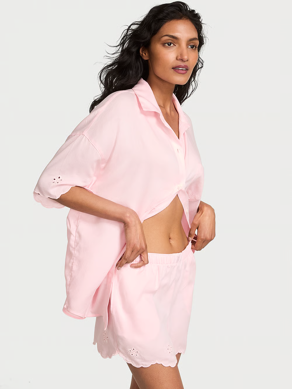 Піжама жіноча Victoria's Secret Modal-Cotton Eyelet Short Pajama Set модал та бавовна M Рожевий (28763875)