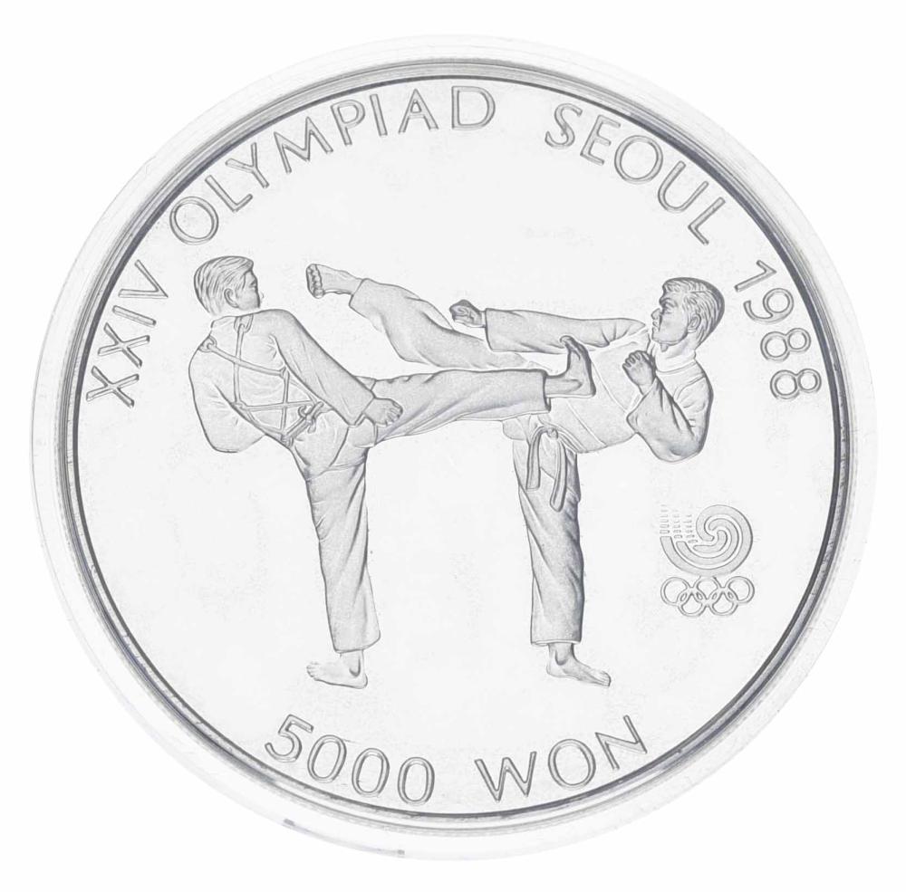 Коллекционная монета Южная Корея 5000 вон 1987 Серебро Proof XXIV летние Олимпийские игры в р. Сеул 1988-Тхэквондо (М23343)