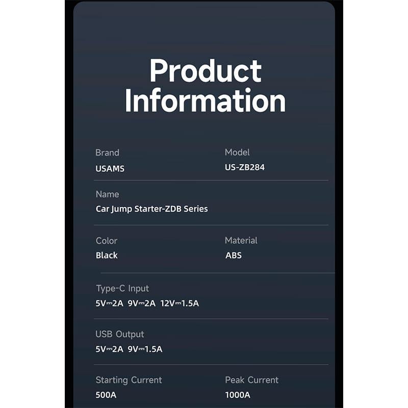 Пусковий пристрій для авто Usams Car Jump Starter ZDB US-ZB284 8000 mAh 500-1000A (20027071) - фото 22