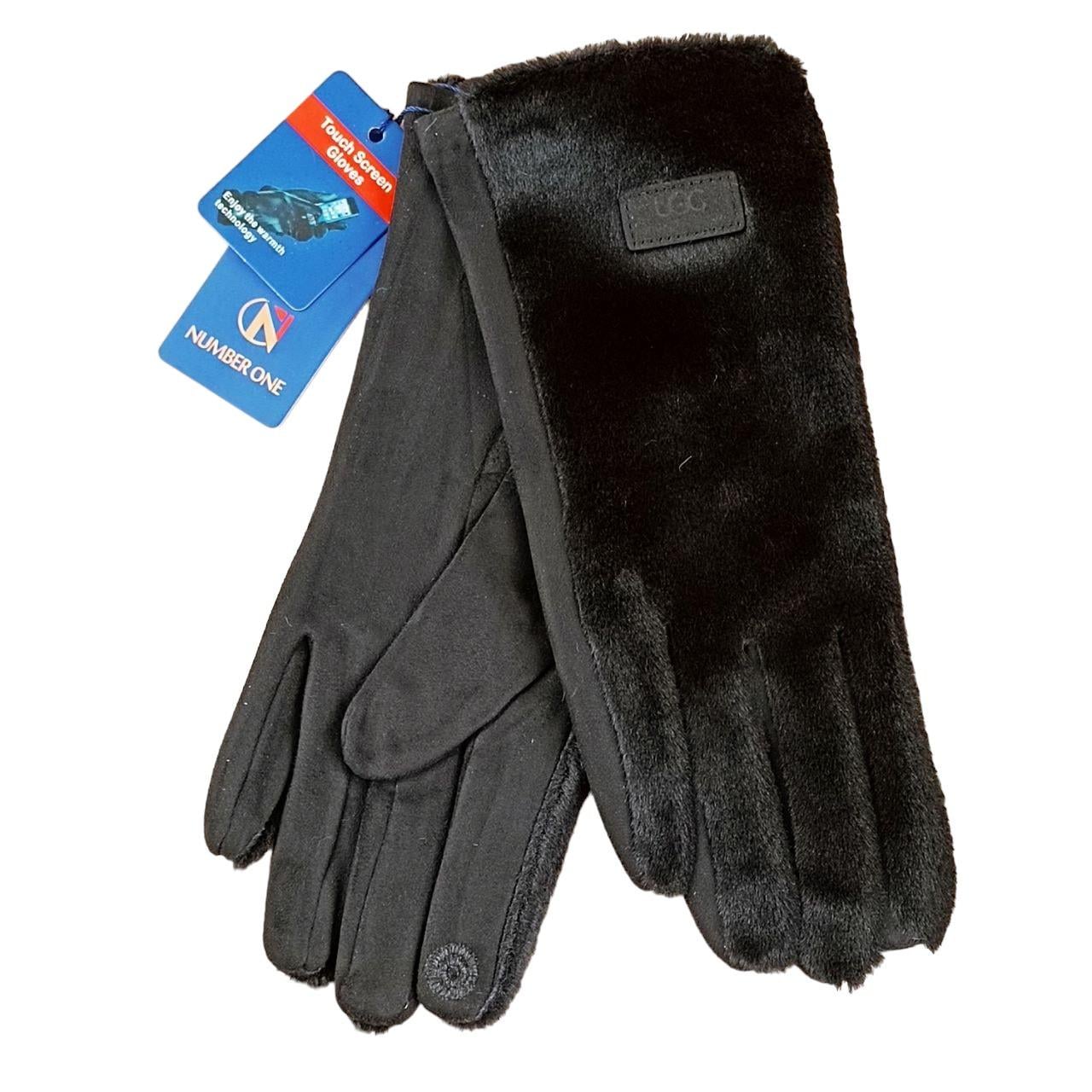 Перчатки женские сенсорные мех/велюр с нашивкой S-M Черный (47178)