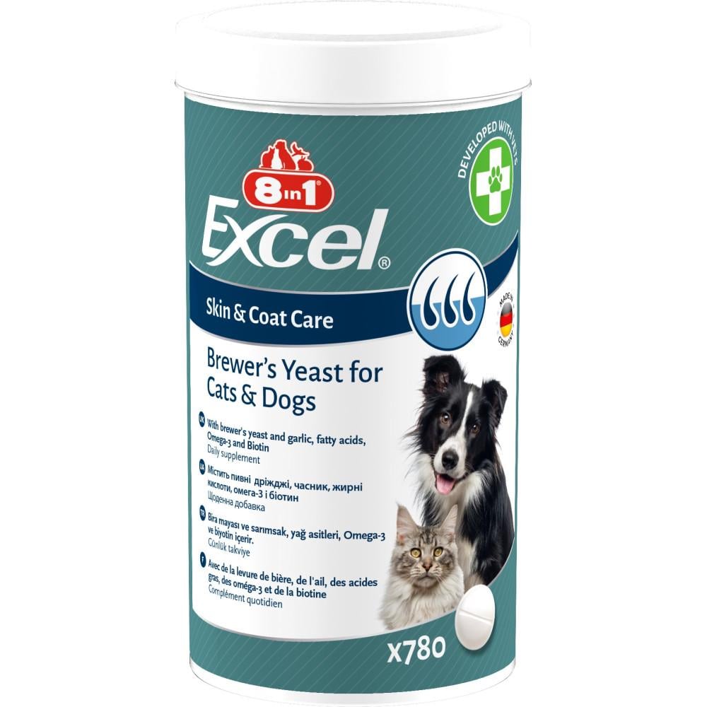 Вітаміни 8in1 Excel Brewers Yeast для собак та котів, пивні дріжджі з часником для шкіри та вовни 780 шт. (661829)