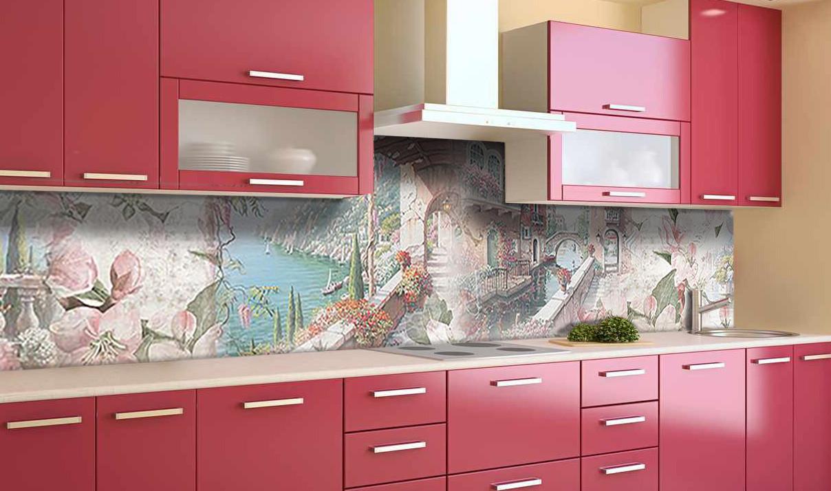 Кухонный фартук Весна на побережье море из самоклеющейся виниловой пленки 65х300 см Розовый