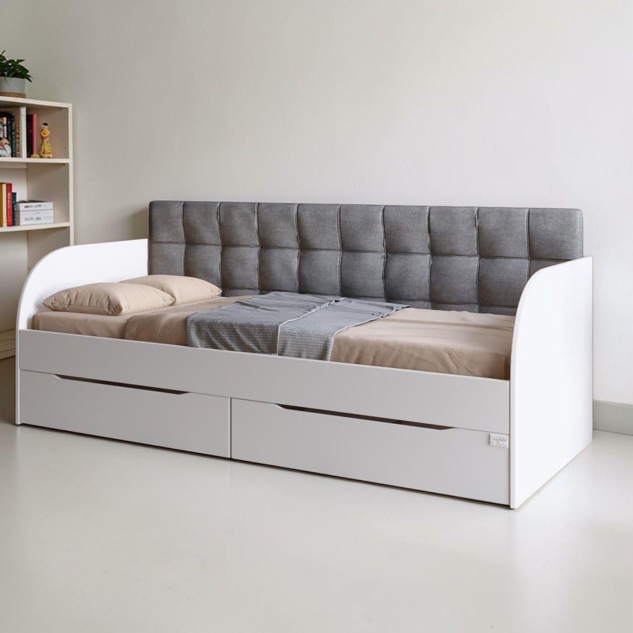 Ліжко односпальне Л-7 з м'яким узголів'ям/ламелями та висувними ящиками/тканина Донна Лайт 18 2032x940x900 мм Білий