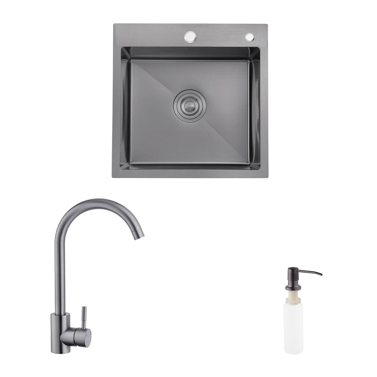 Комплект кухонна мийка Kroner Schwarze-4545HM PVD/змішувач Edelstahl Klassisch-SCH035PVD/дозатор (2739014413)