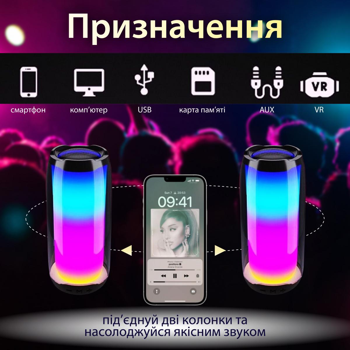 Портативная колонка Pulse 5 BT/TF/FM/AUX/USB с подсветкой 8 Вт Черный (20992468) - фото 2