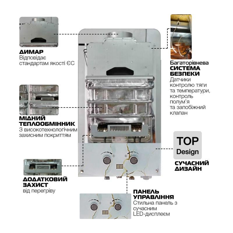 Газова колонка MIXXUS GWH-0510 BASIC GLASS димохідна 10 л/хв панель зі скла з малюнком (WH0026) - фото 5 Газова колонка MIXXUS GWH-0510 BASIC GLASS димохідна 10 л/хв панель зі скла з малюнком (WH0026) - фото 5