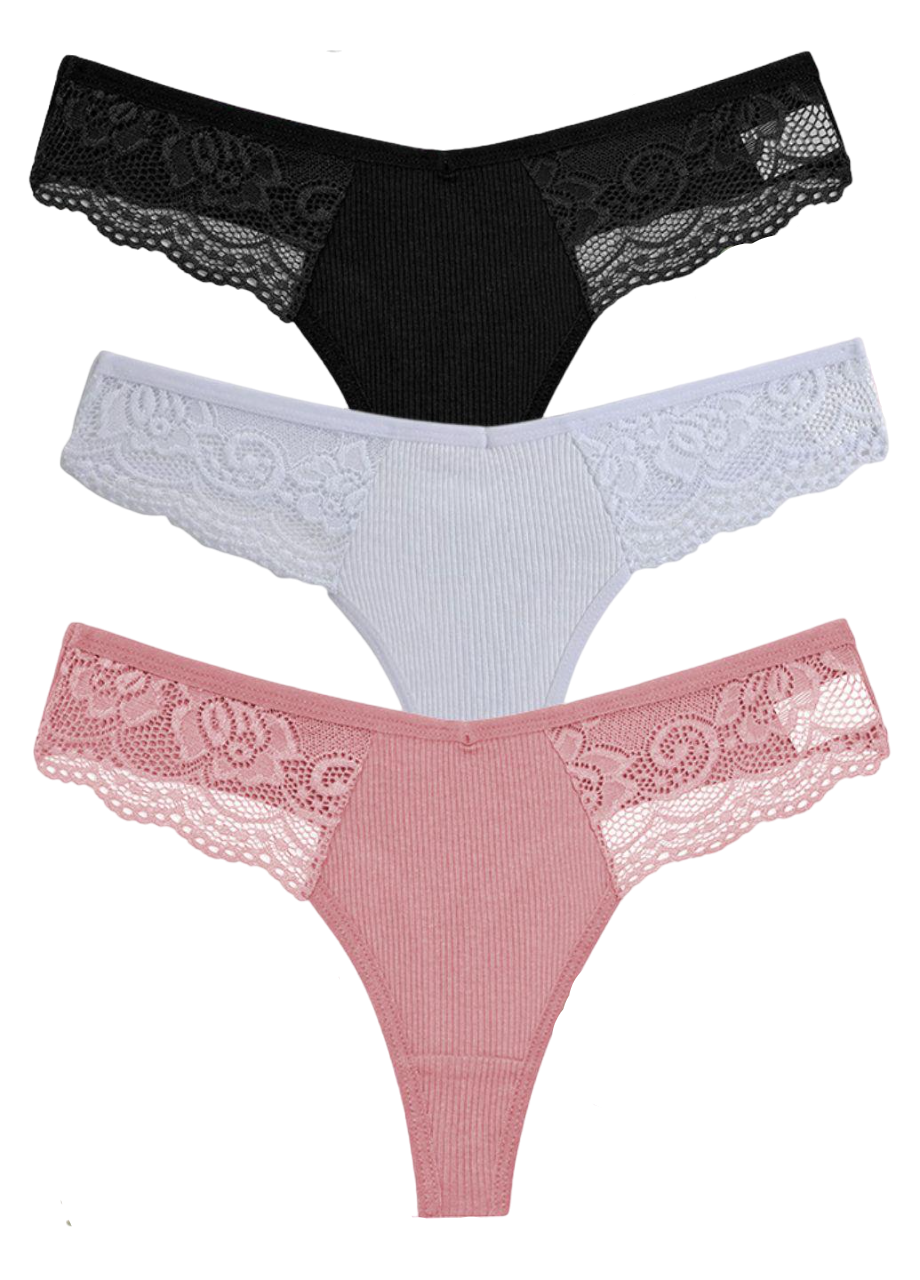 Набор женских трусиков-стрингов в рубчик FINETOO Нежность 504-44 с кружевом M р. 44 3 шт. Комбинированный