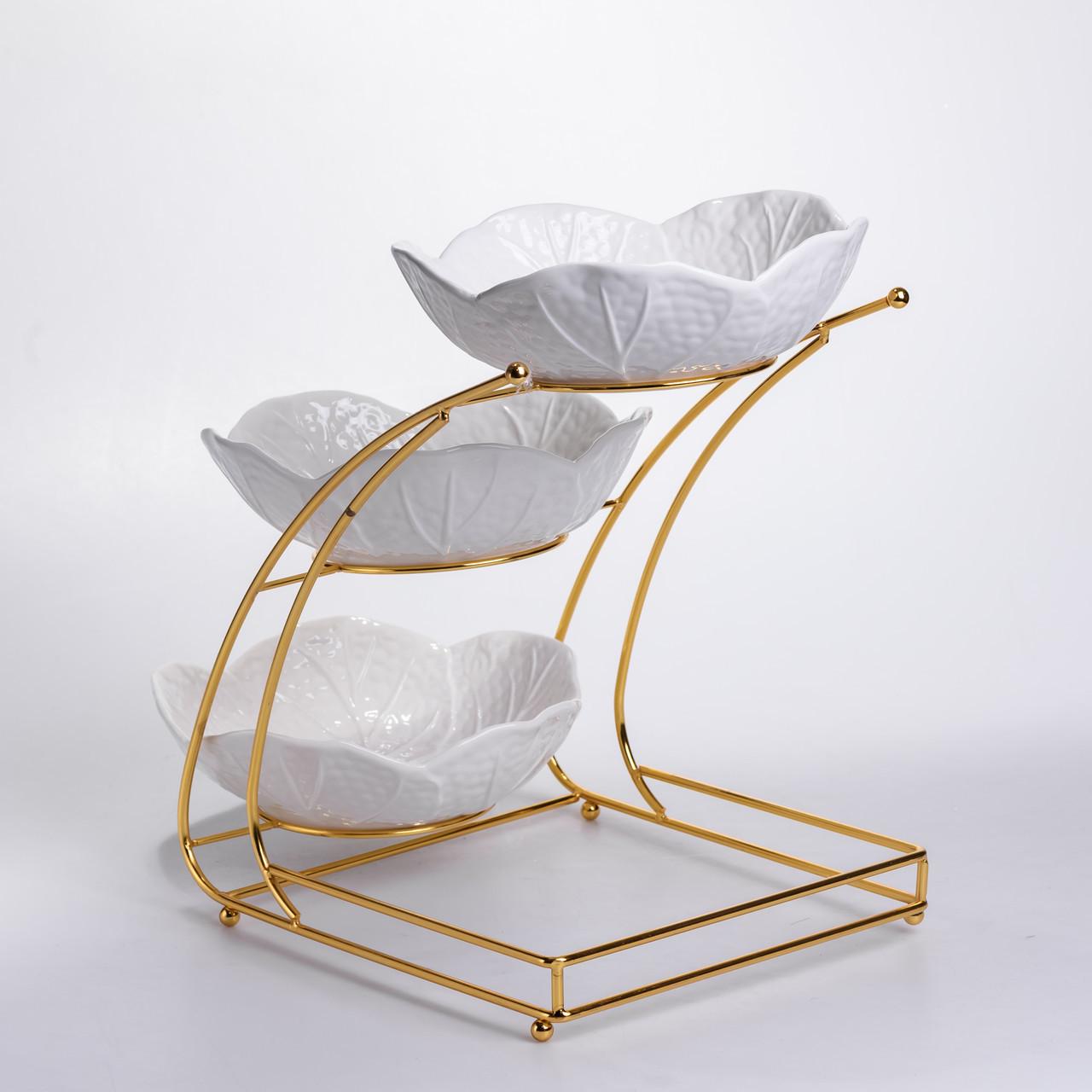 Фруктовница на 3 яруса фуршетная 36х22х33 см Белый с золотым (C252) - фото 5 Фруктовница на 3 яруса фуршетная 36х22х33 см Белый с золотым (C252) - фото 5