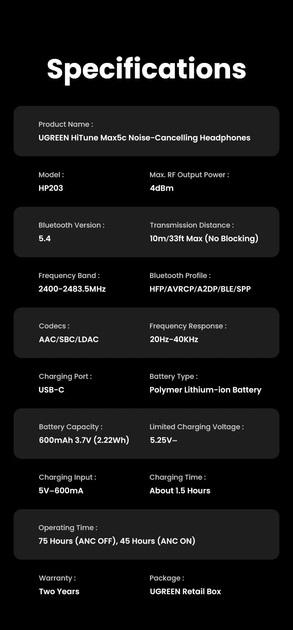 Навушники Ugreen HiTune Max 5c 2024 з функцією шумоподавлення ANC Black - фото 3