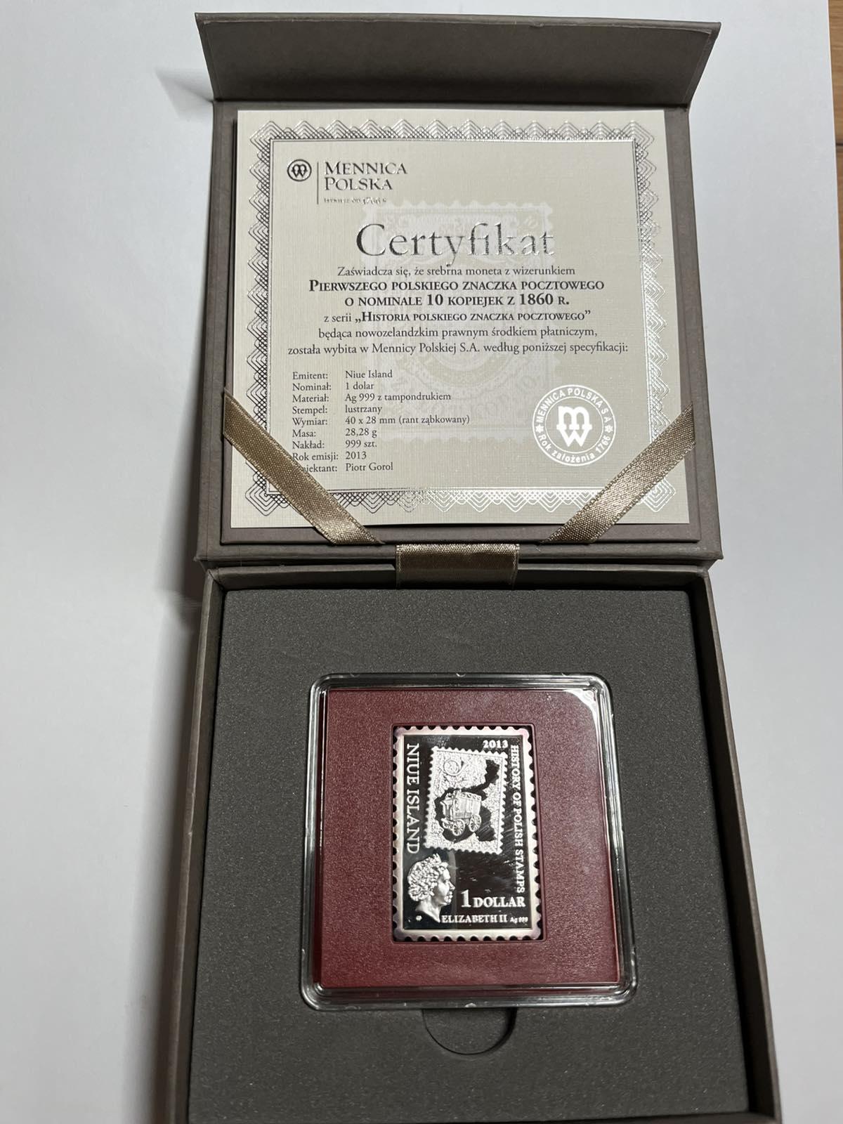 1 доллар 2013 Proof История Польских Марок 10 Копеек 1860/Первая Польская Марка в футляре с сертификатом (PF2013\1860)
